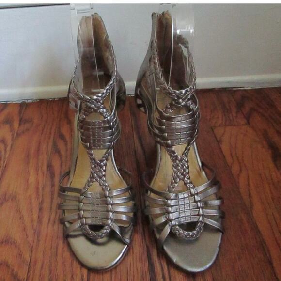 Gold Leather Gladiator Sandals Size 6 Strappy 3.5in Wood Heel Back Zip Moto Boho - Picture 3 of 15